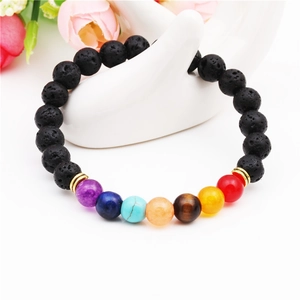 Chakra bracelet with 8mm black lava stone beads and seven colorful agate gemstones