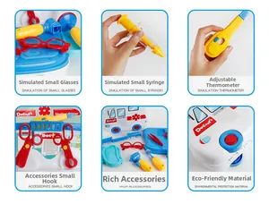 Détails du coffret médecin enfant avec seringue, lunettes et boîte ambulance