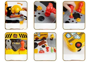 Détail de la caisse à outils bus enfant avec scie en plastique, marteau et tournevis