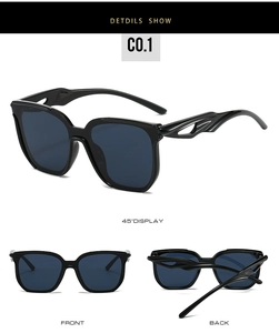 Detailansichten der schwarzen quadratischen Sonnenbrille mit verzierten Flammenbügeln