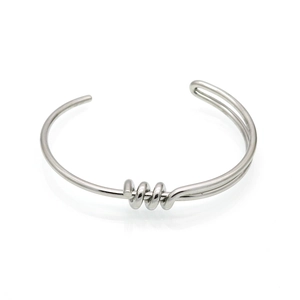 Minimalist silver bow knot open bangle bracelet with a triple spiral hand-woven design