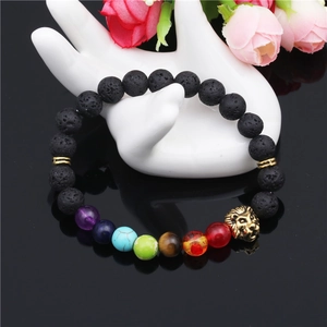 8mm colorful lava stone beaded bracelet with golden lion head on hand model display