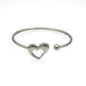 Polished stainless steel open cuff bracelet with hollow heart charm in silver finish
