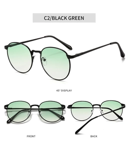 Three-view display of vintage oval sunglasses with black metal frame and green lenses