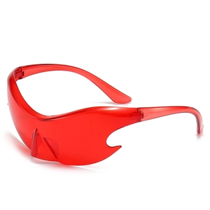 Y2K punk style wrap around sunglasses featuring red flame shaped lenses in sci-fi design