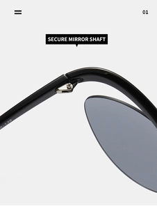 Détail macro de la charnière renforcée sur les lunettes de soleil papillon noires