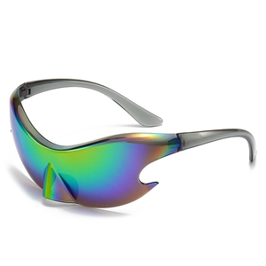 Y2K futuristic wrap-around sports sunglasses with rainbow mirrored flame-cut lenses