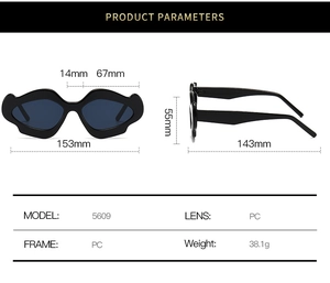 Detailed size chart of irregular floral wavy sunglasses with frame dimensions and specs