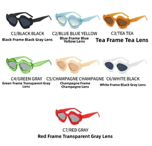 Multiple colors of wavy irregular sunglasses including black blue and champagne frames