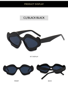 Macro view showing multiple angles of black irregular wave-shaped oversized sunglasses