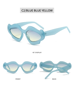 Three-view display of irregular flower sunglasses with blue-yellow gradient lenses