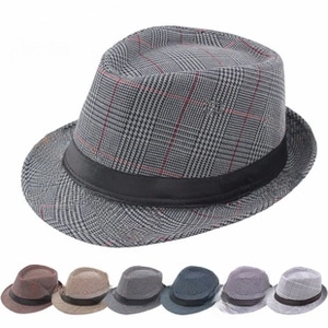 Classic plaid fedora hat with black band detail showing six color variations