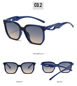 Detailansichten der blauen Sport-Sonnenbrille von vorne, hinten und aus 45 Grad