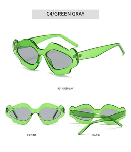 Three-view layout of wavy irregular green sunglasses with gray lenses from different angles