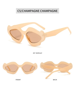Detailed views of irregular cloud-shaped sunglasses in elegant champagne finish