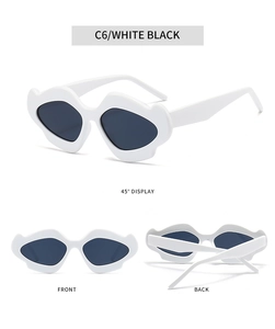 Three-angle view of white irregular wavy frame sunglasses with dark grey lenses