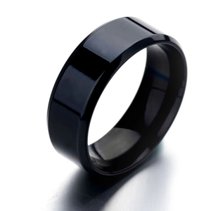 Polished black stainless steel minimalist ring with beveled edges and glossy finish
