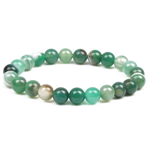 Macro detail of green striped agate beads with natural stone textures on elastic bracelet