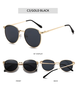 Detailed views of gold and black oval metal sunglasses with intricate engraved temples