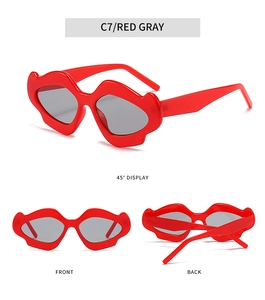 Lip-shaped red sunglasses with grey lenses shown in front, back and 45-degree views