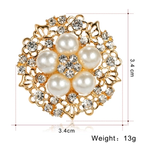 Elegant gold round pearl brooch with sparkling rhinestones for women, 3.4cm size