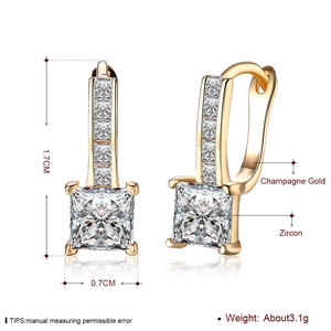Champagne gold earrings with square zircon crystals, 1.7cm size elegant jewelry