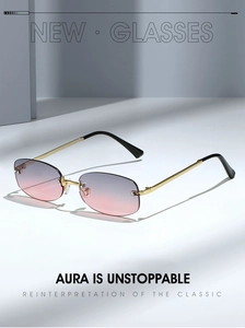 Detail of rimless Y2K sunglasses with purple gradient lenses and slim metal temples