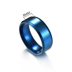 Polished 8mm blue stainless steel wedding band for men and women with brushed finish surface