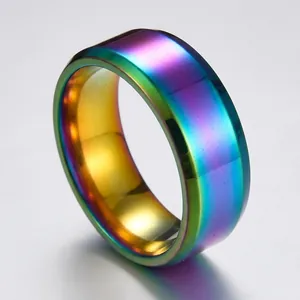Rainbow plated stainless steel wide band ring with a smooth polished finish