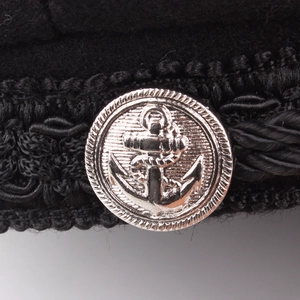 Black wool blend military hat with silver anchor button and woven rope detailing