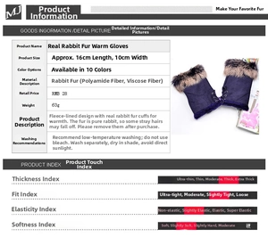 Detail view of navy blue fingerless gloves showing dimensions, weight, and rabbit fur trim