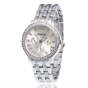 Silver Geneva watch for women with rhinestone-encrusted metal strap and three-eye dial