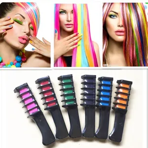 Detail view of 6-color temporary hair chalk comb set featuring vibrant neon styling shades