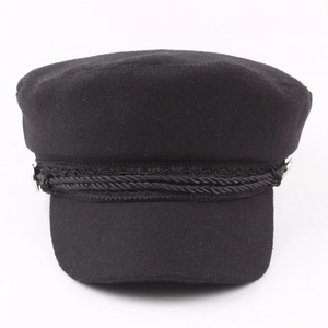 Classic black wool baker boy cap with decorative double-braided rope and structured brim
