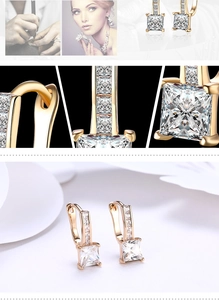 Detailed view of square-cut white zircon earrings with gold plating and claw setting