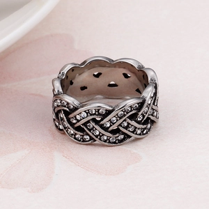 Vintage silver woven titanium steel ring with sparkling white cubic zirconia stones