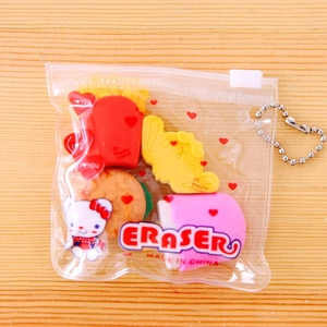 Fast food themed cute cartoon erasers set in a clear PVC pouch on a wooden desk