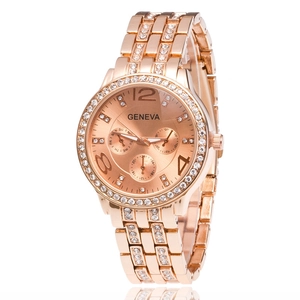 Rose gold Geneva steel watch for men and women with diamond bezel and three-eye dial