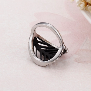 Silver titanium steel feather ring with black leaf texture and crystal accents