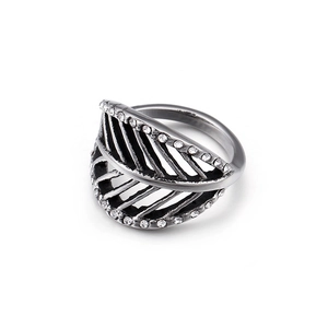 Vintage silver feather ring with hollow wing design and sparkling white cubic zirconia