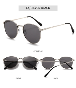 Detail view of retro oval sunglasses with silver metal frame and spring hinges