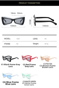 Detailed dimension guide and color options for butterfly shape irregular frame sunglasses