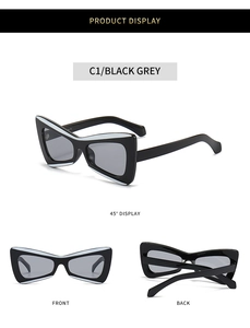 Detailed multi-angle view of cat-eye sunglasses with black and white two-tone frames