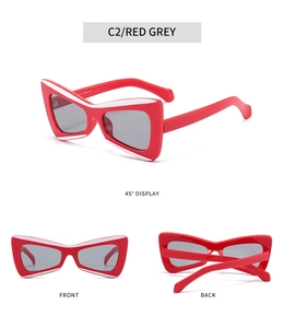 Three-way view of bow-tie shaped red frame sunglasses with grey lenses for fashion