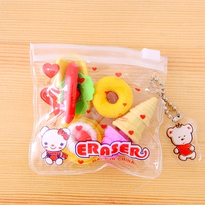 Detail view of cute food-shaped eraser set including donuts and ice cream in a pouch