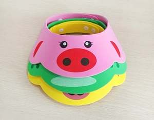 Three colorful foam baby shower caps with ear protection and adjustable buckle in detail