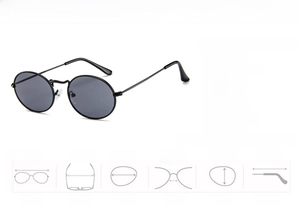 Detailed measurement guide for oval vintage sunglasses including frame width and lens size