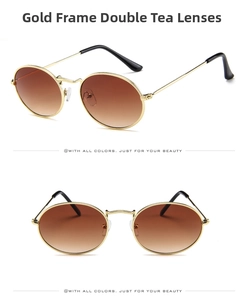 Close-up of golden oval sunglasses with brown gradient lenses and metallic frames