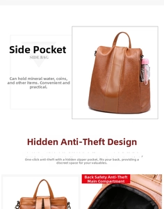 Dettaglio zaino vintage marrone con cerniera antifurto posteriore e tasche laterali