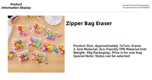 Detail view of mini eraser set in 7x7cm zipper bag with cute cartoon metal chain charm